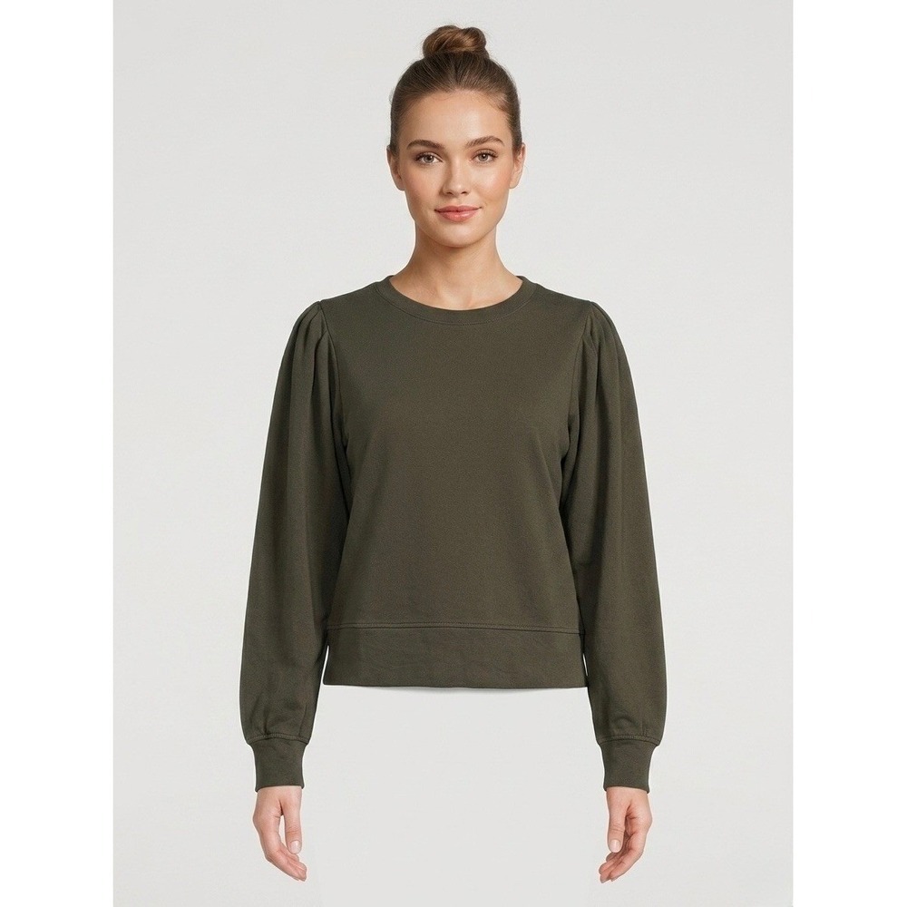 Antonio Melani Olive Green Puff Sleeve Sweatshirt French Terry Crewneck Large